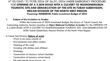 OPEN NATIONAL INVITATION TO TENDER N°03/ONIT/TC/TCITB/2024 of 26/01/2024 UNDER EMERGENCY PROCEDURE FOR THE OPENING OF A 2.5KM ROAD WITH A CULVERT TO MUSHONGMABUH TOURISTIC SITE AND DEMARCATION OF THE SITE IN TUBAH SUBDIVISION, MEZAM DIVISION OF THE NORTH WEST REGION